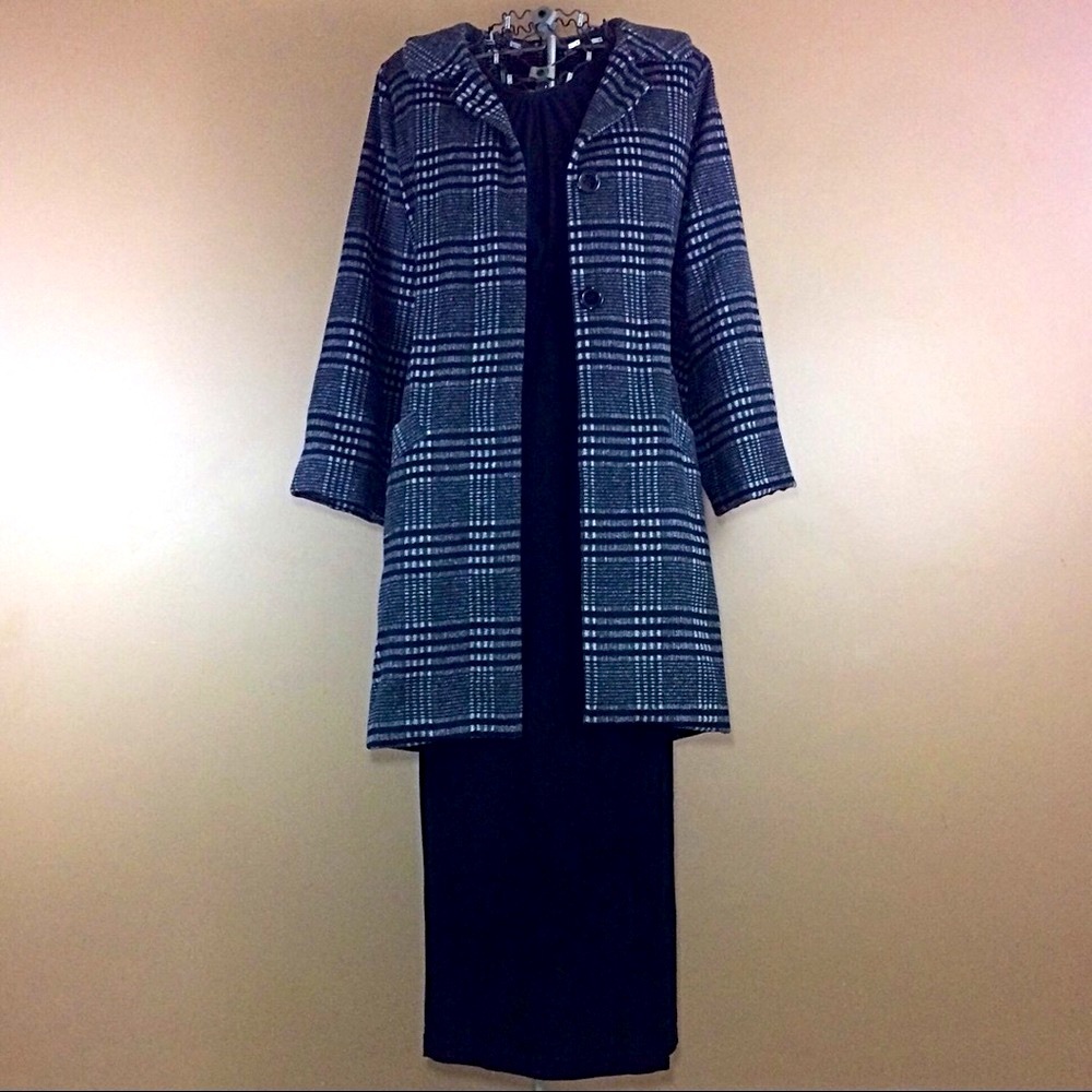 Hazel Haze Black Gray White Business Casual Plaid Long Winter Pea Coat Jacket